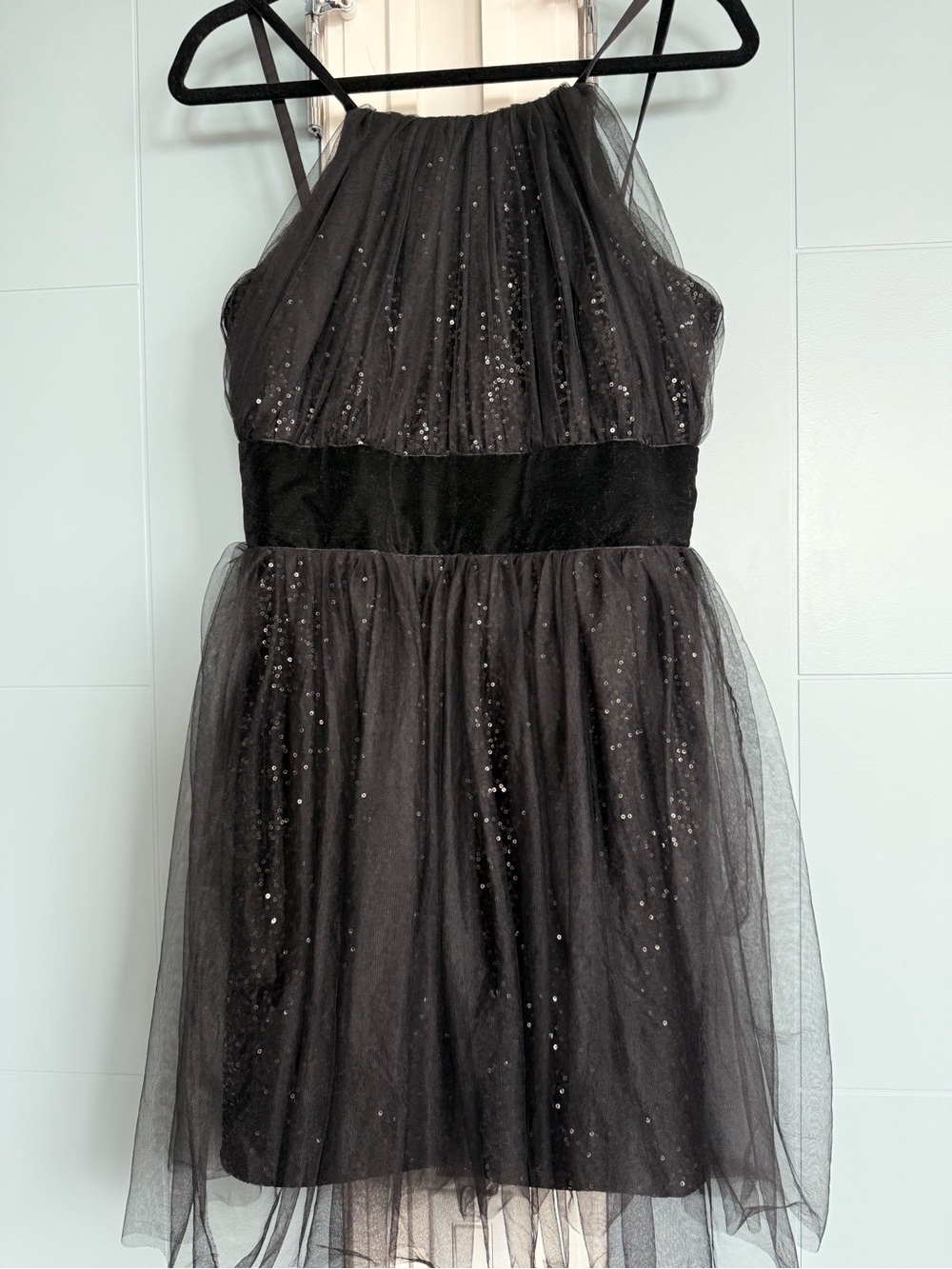 NWT Marchesa Notte Black Mini Dress Velvet Tulle Sequin Halter Formal - Size 10